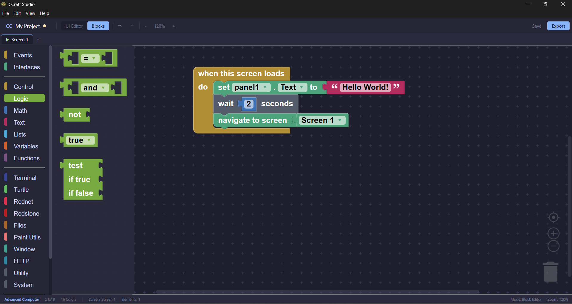 Screenshot: the blocks workspace