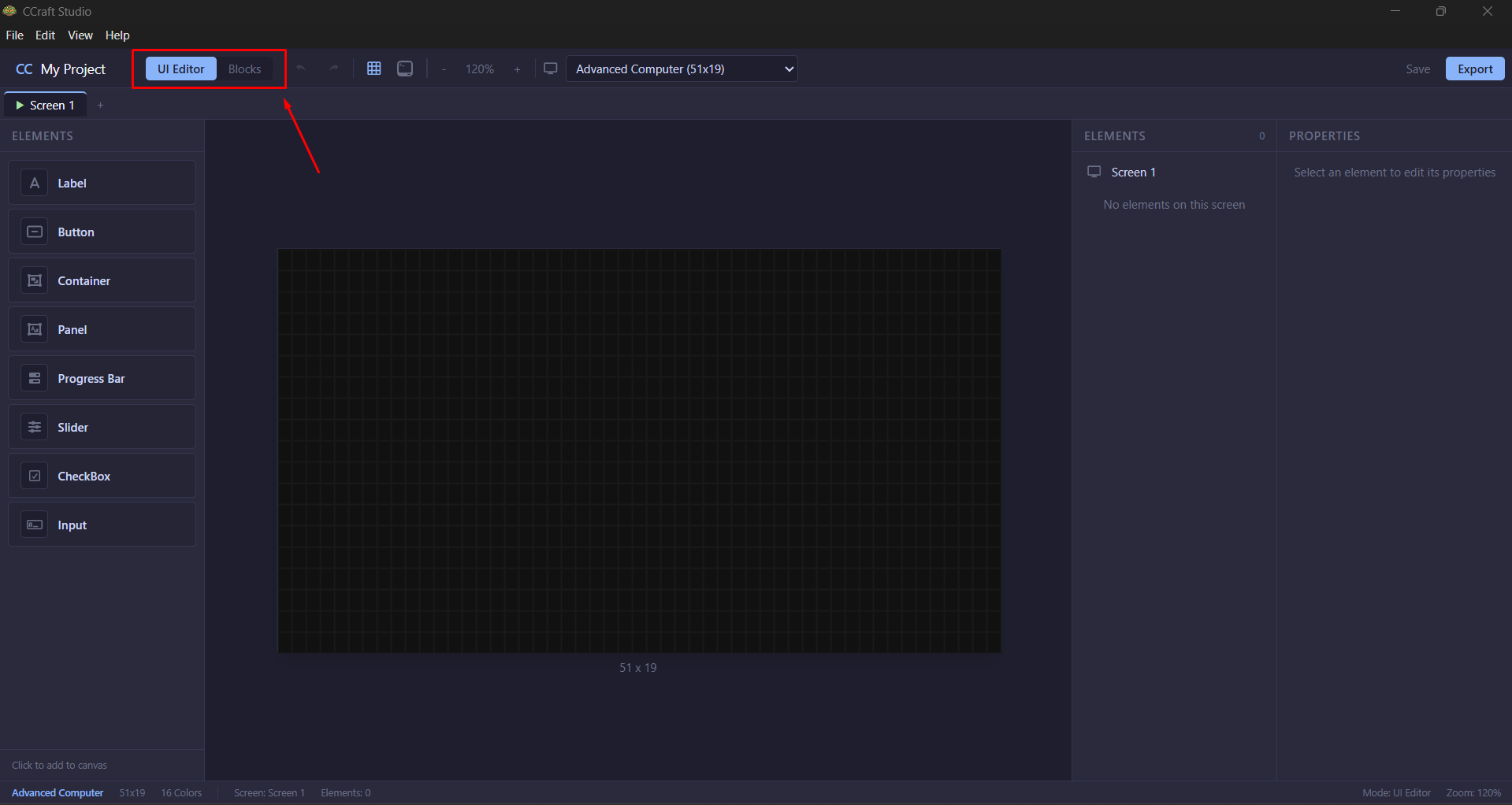 Screenshot: the editor with the UI / Blocks toggle