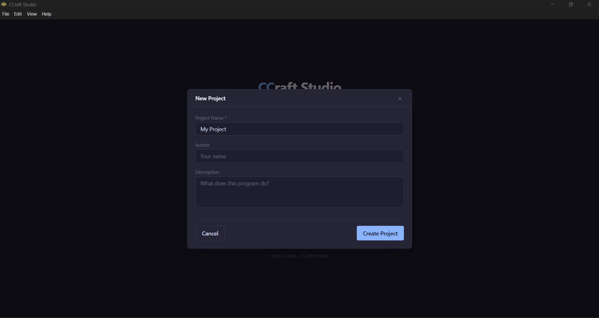 Screenshot: the New Project window