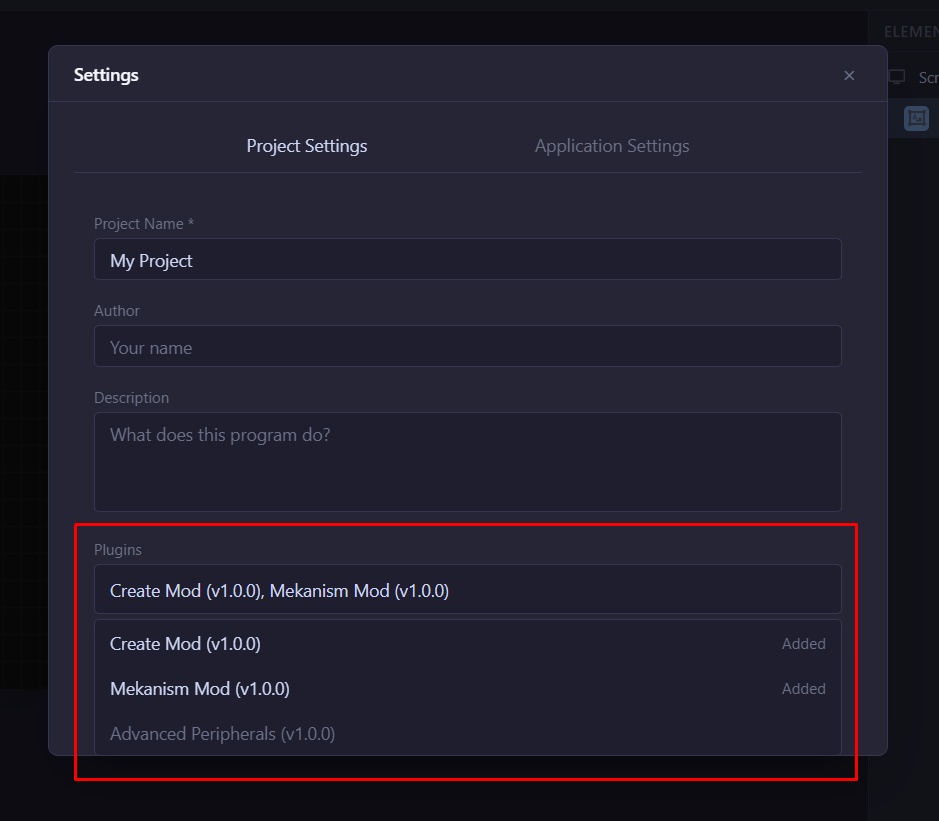 Screenshot: selecting plugins in project settings