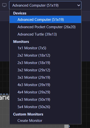 Screenshot: the screen-size selector