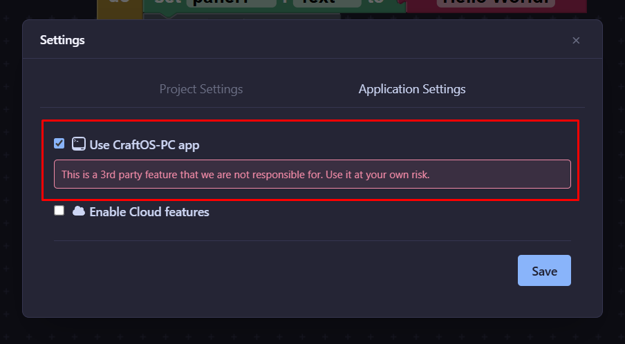 Screenshot: enabling CraftOS-PC in settings